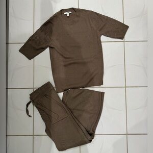 Splendid Brown Ribbed Wide-Leg Knit PANTS with Tie Waist AND TOP (SET)